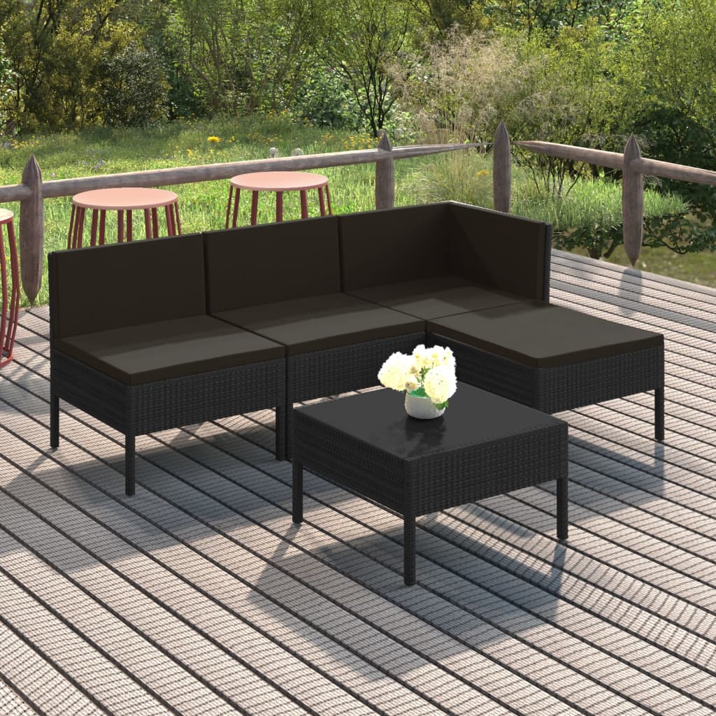 5-delige Loungeset met kussens poly rattan zwart – afbeelding 1