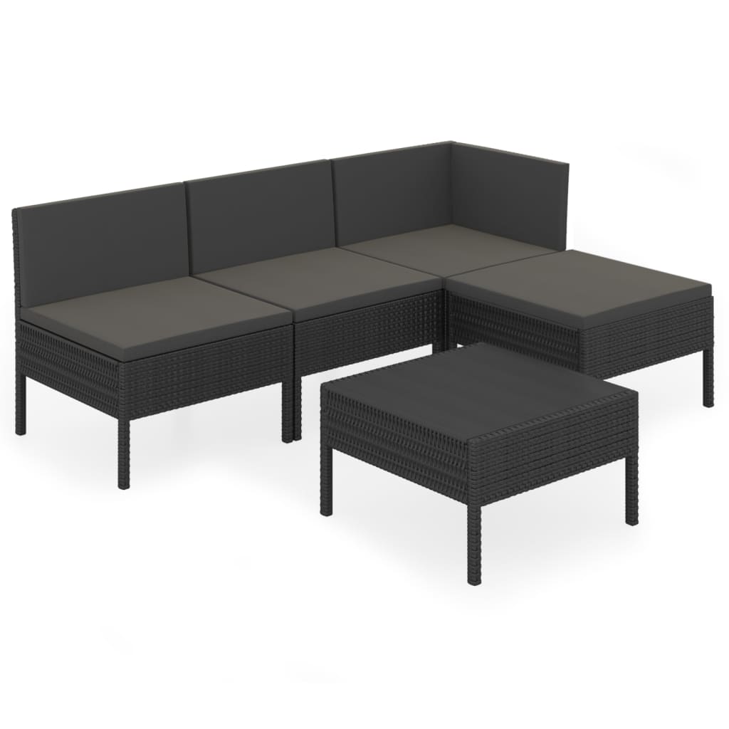 5-delige Loungeset met kussens poly rattan zwart – afbeelding 2