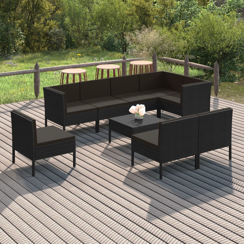 9-delige Loungeset met kussens poly rattan zwart