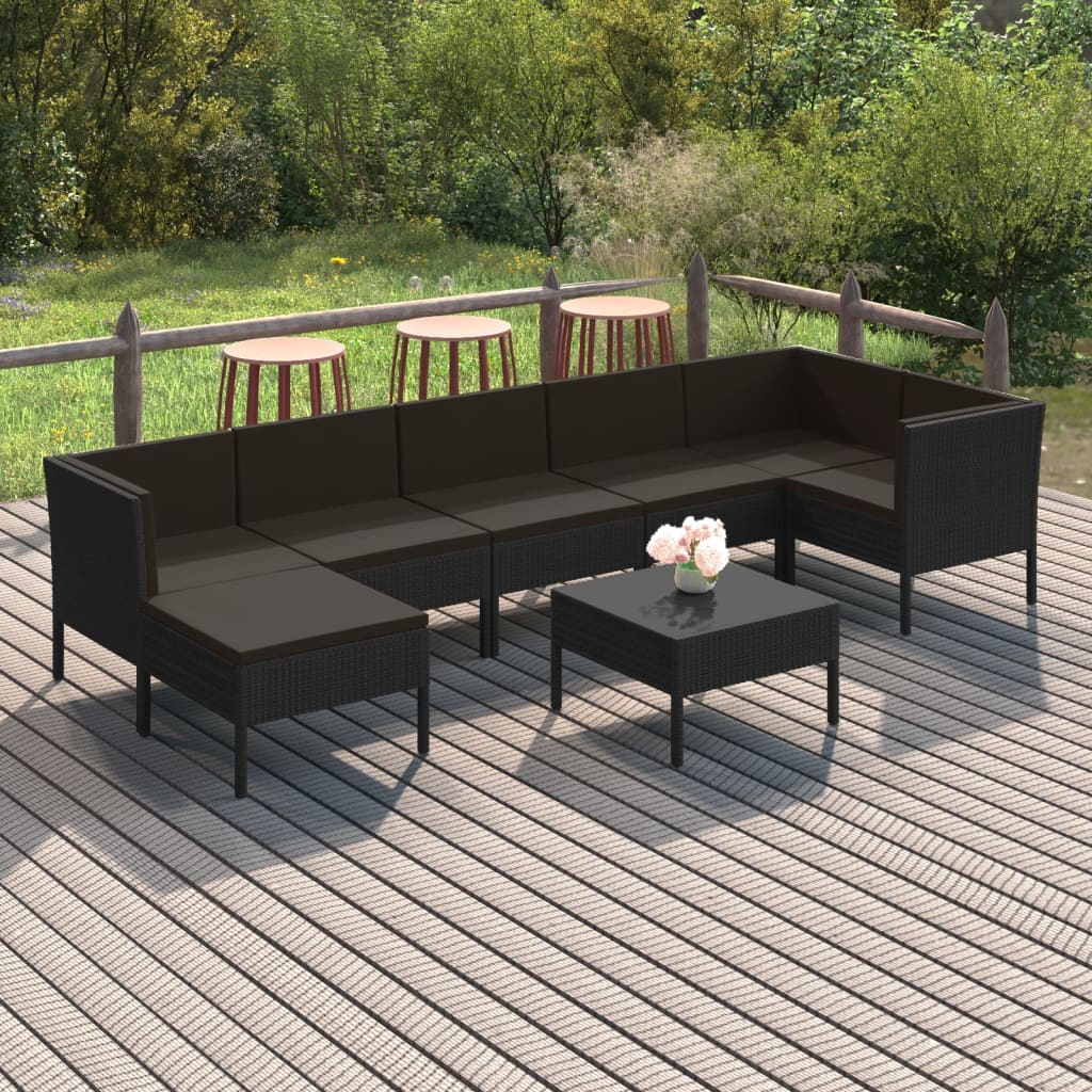 8-delige Loungeset met kussens poly rattan zwart