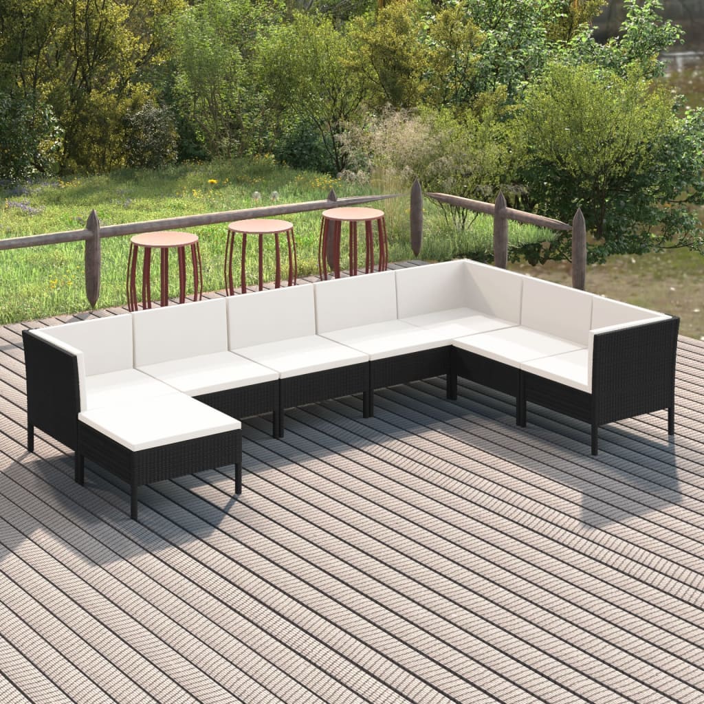 8-delige Loungeset met kussens poly rattan zwart – afbeelding 1