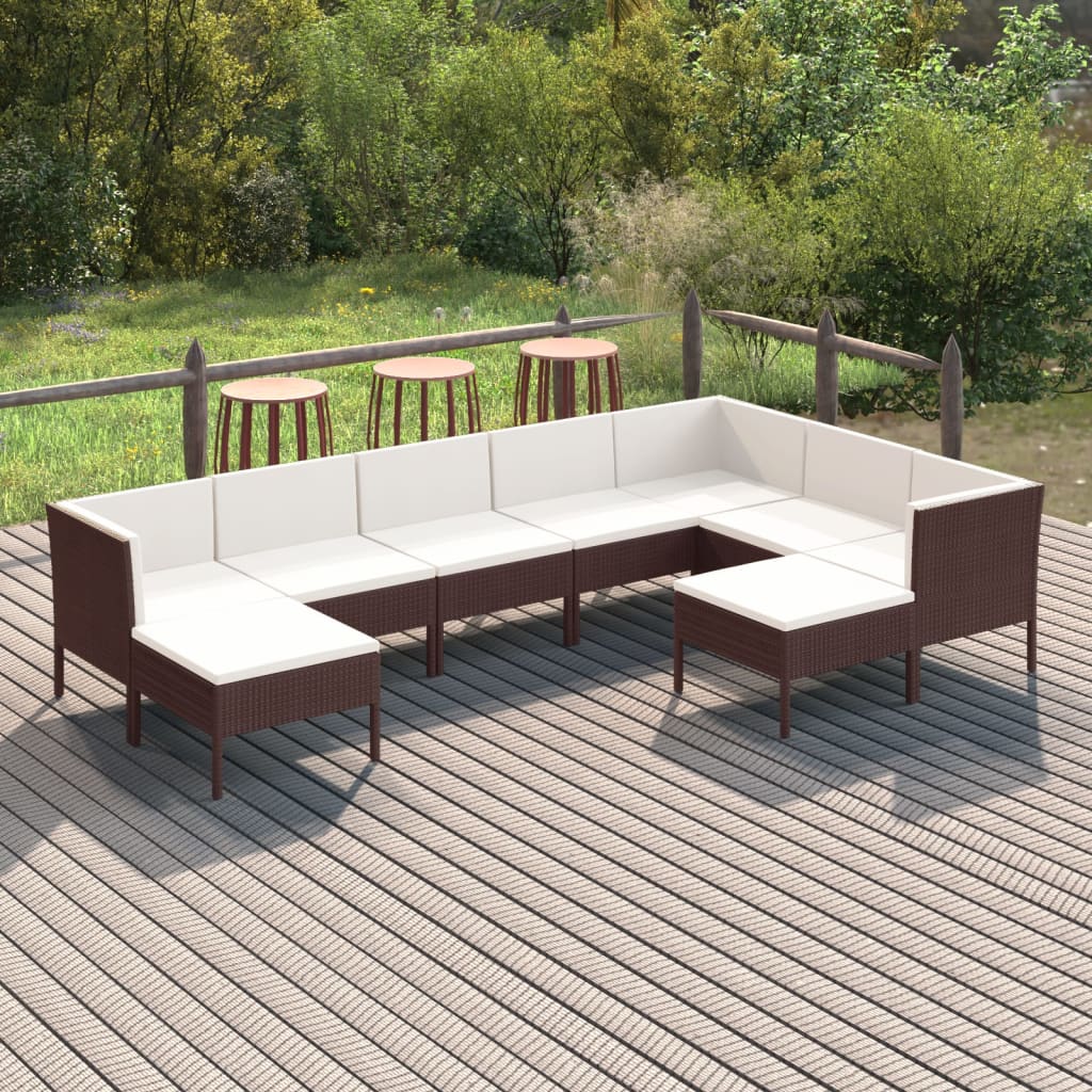 9-delige Loungeset met kussens poly rattan bruin – afbeelding 1