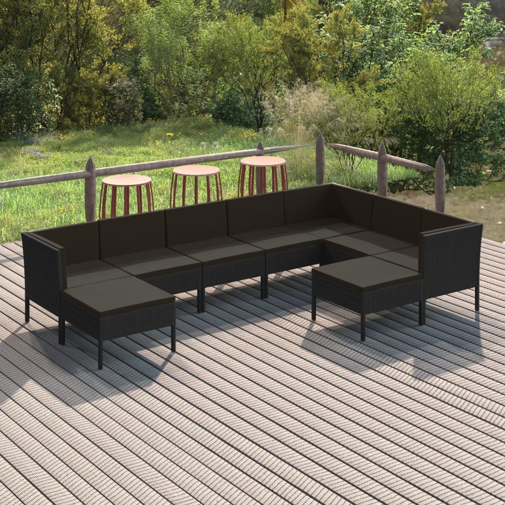9-delige Loungeset met kussens poly rattan zwart – afbeelding 1
