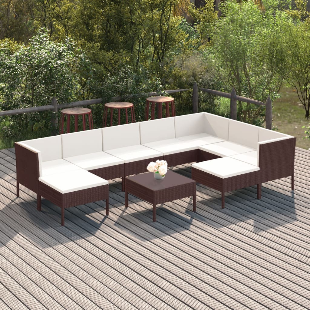 10-delige Loungeset met kussens poly rattan bruin – afbeelding 1