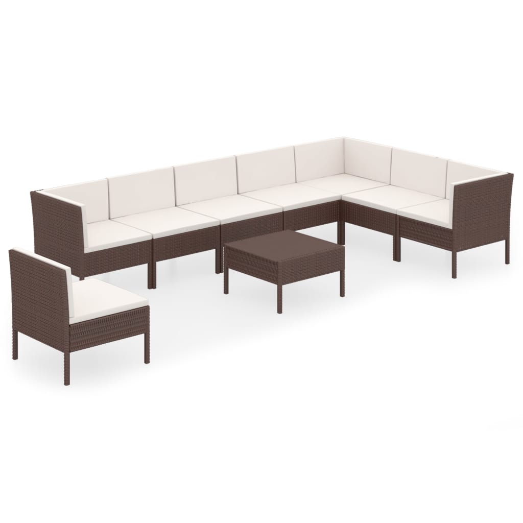 9-delige Loungeset met kussens poly rattan bruin – afbeelding 2