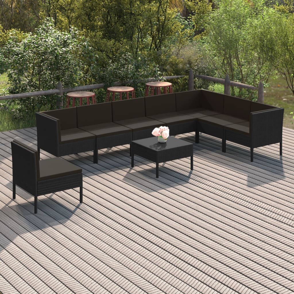 9-delige Loungeset met kussens poly rattan zwart