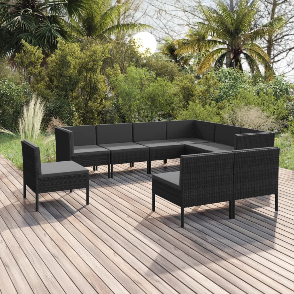 9-delige Loungeset met kussens poly rattan zwart – afbeelding 1