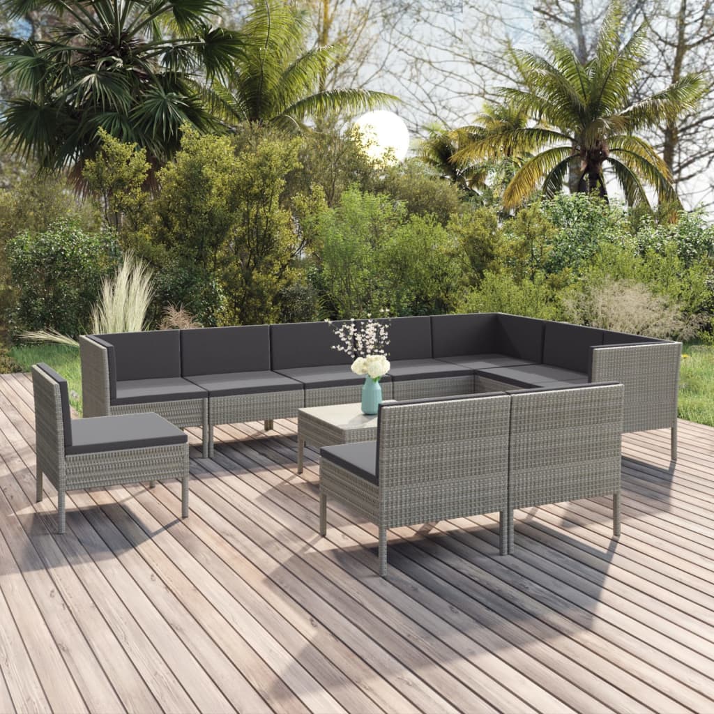 11-delige Loungeset met kussens poly rattan grijs