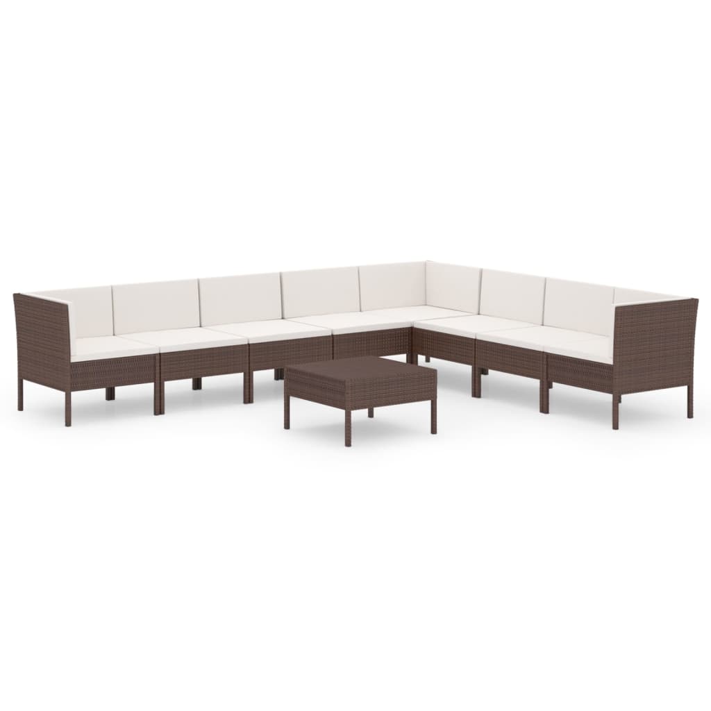 9-delige Loungeset met kussens poly rattan bruin – afbeelding 2