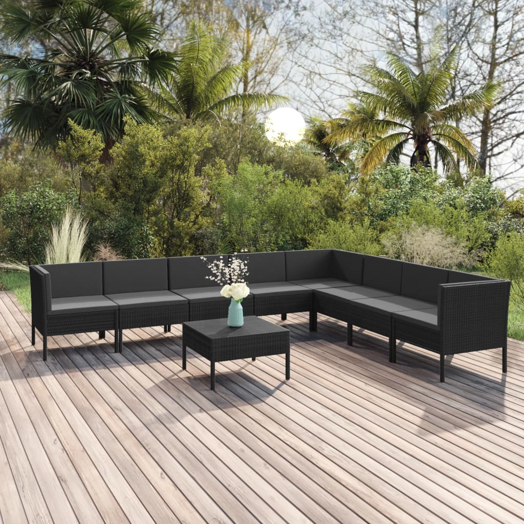 9-delige Loungeset met kussens poly rattan zwart