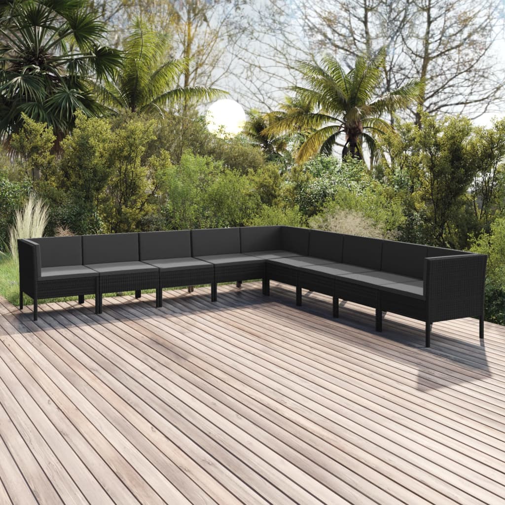 9-delige Loungeset met kussens poly rattan zwart – afbeelding 1