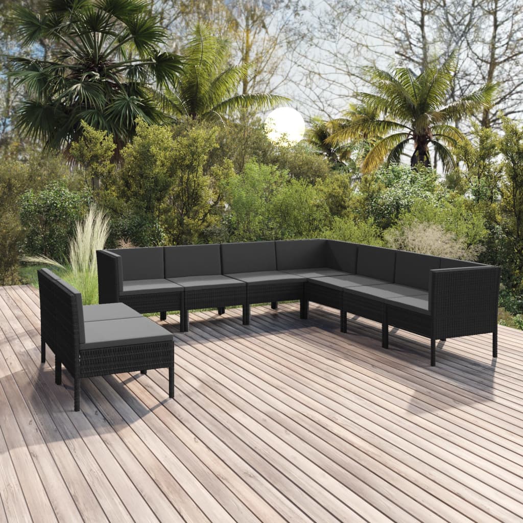 9-delige Loungeset met kussens poly rattan zwart – afbeelding 1