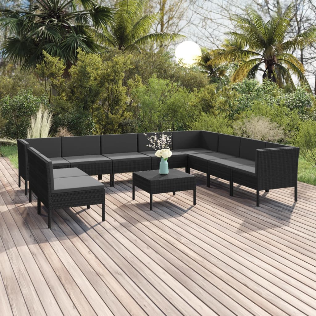 11-delige Loungeset met kussens poly rattan zwart – afbeelding 1