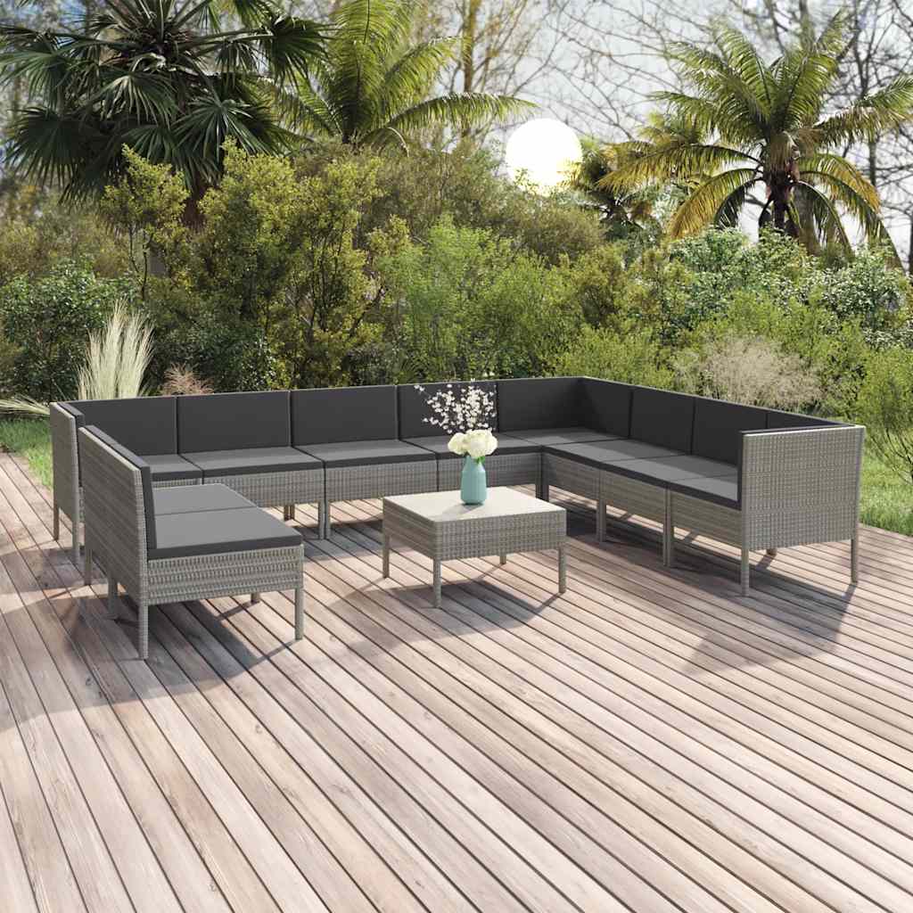 11-delige Loungeset met kussens poly rattan grijs