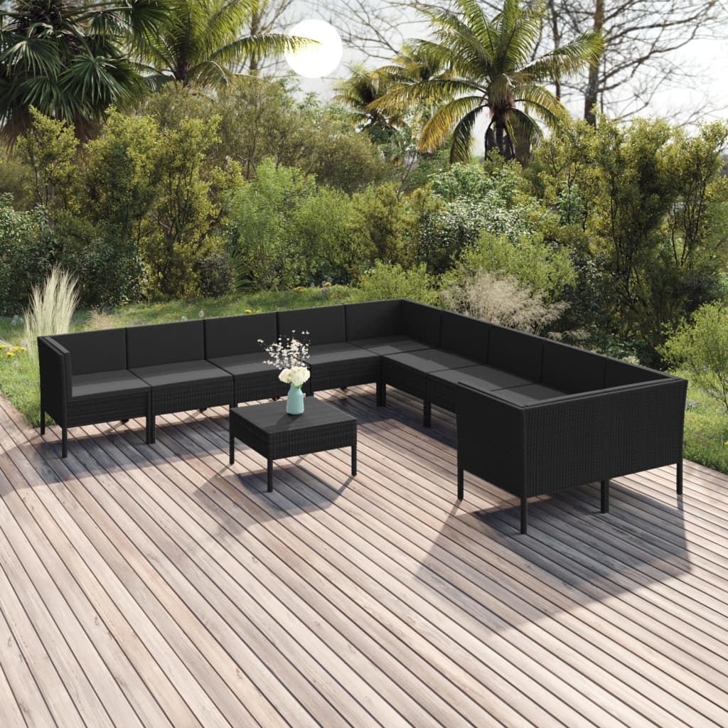 11-delige Loungeset met kussens poly rattan zwart