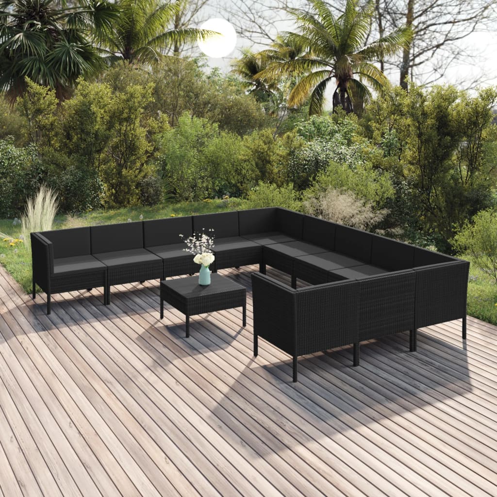 12-delige Loungeset met kussens poly rattan zwart – afbeelding 1