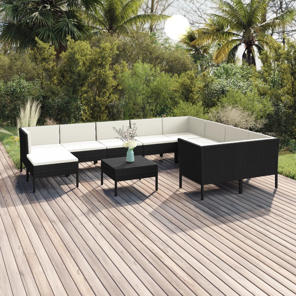 11-delige Loungeset met kussens poly rattan zwart