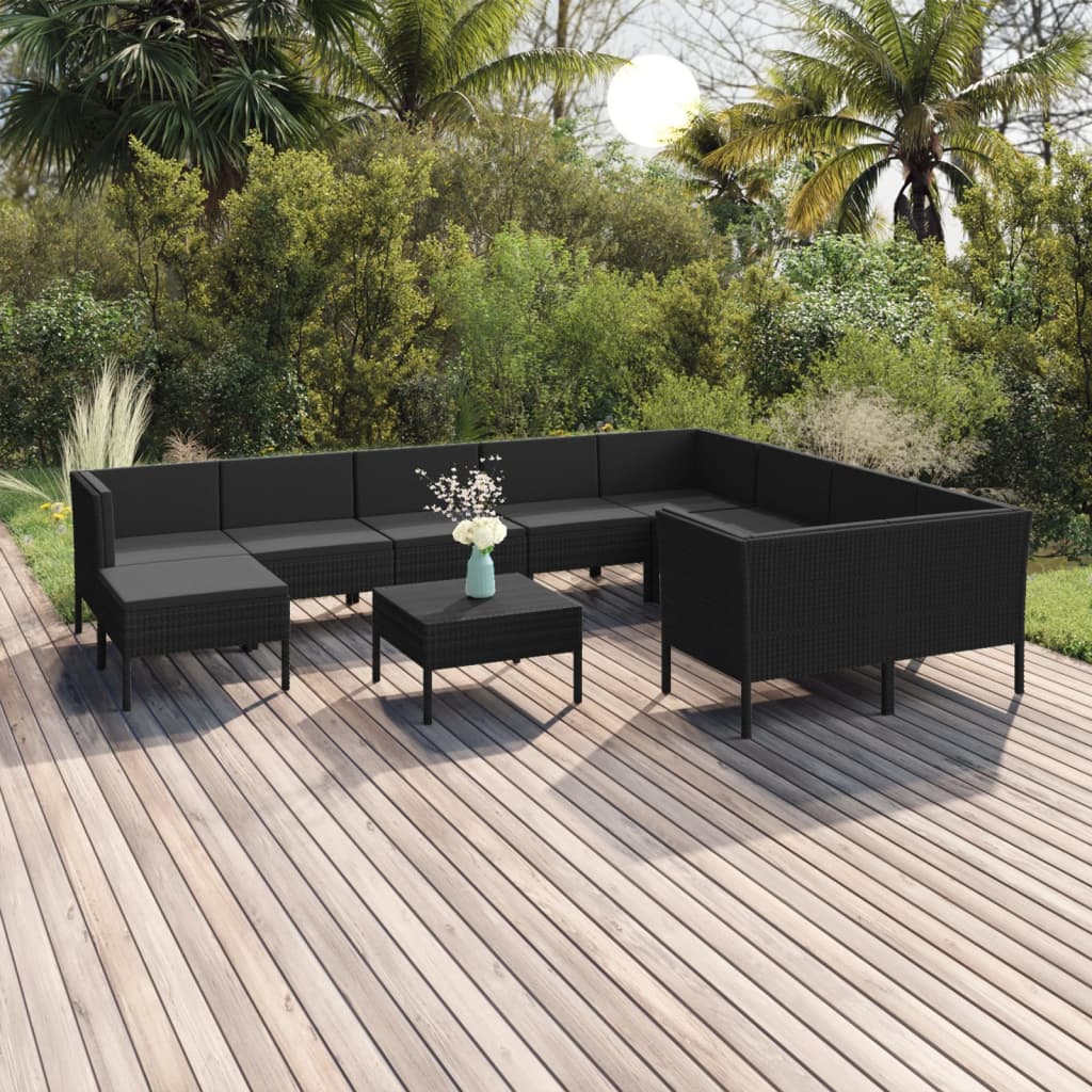 11-delige Loungeset met kussens poly rattan zwart – afbeelding 1