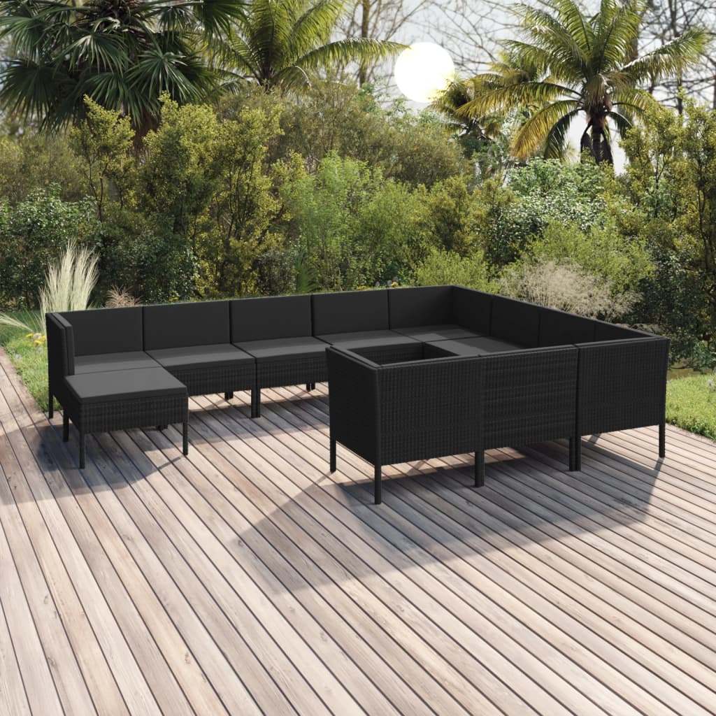 11-delige Loungeset met kussens poly rattan zwart – afbeelding 1