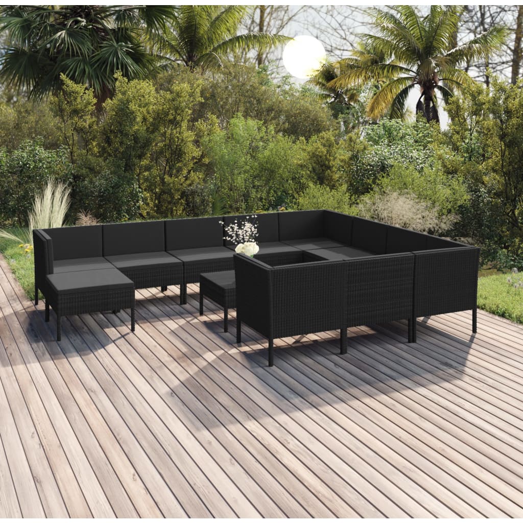 12-delige Loungeset met kussens poly rattan zwart – afbeelding 1