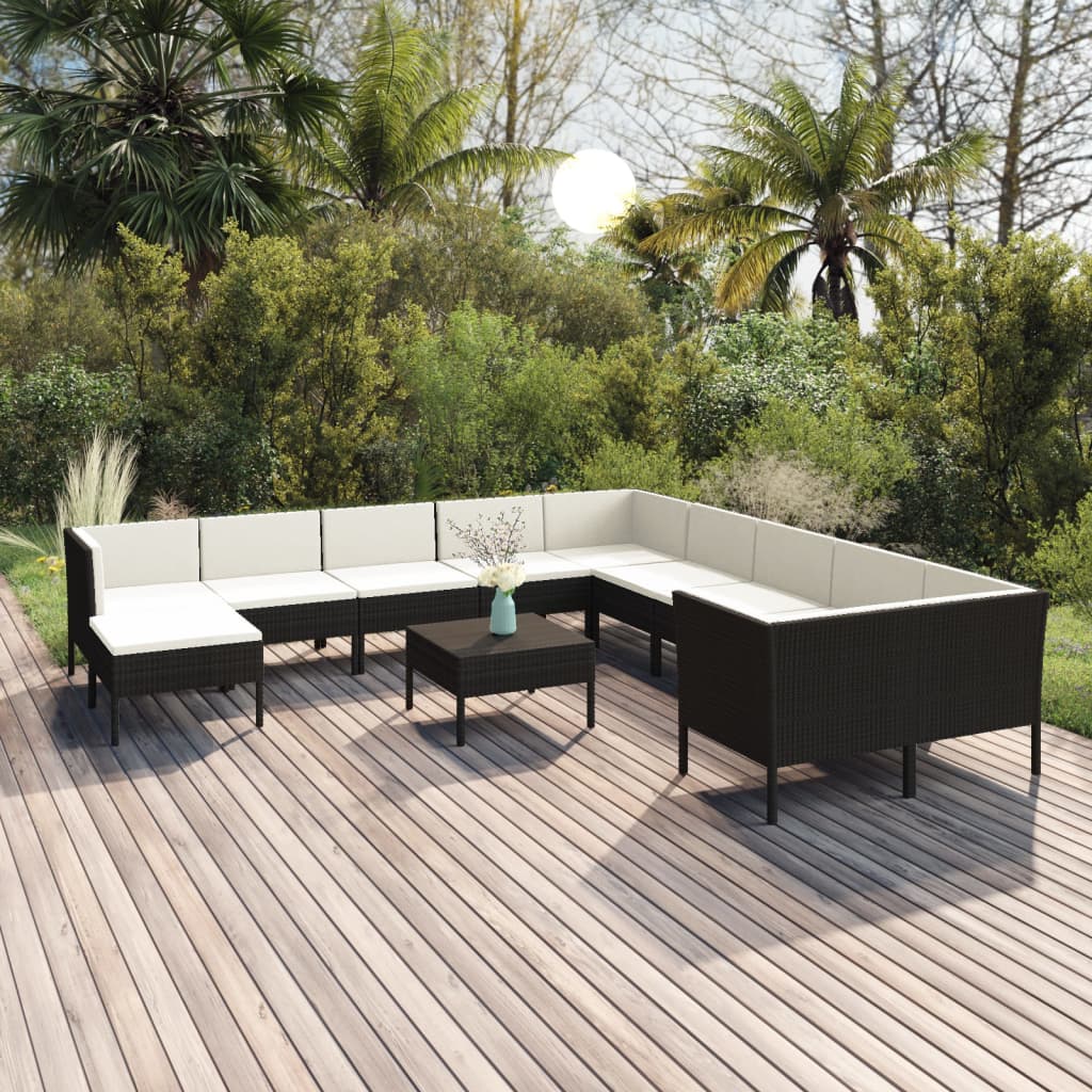 12-delige Loungeset met kussens poly rattan zwart