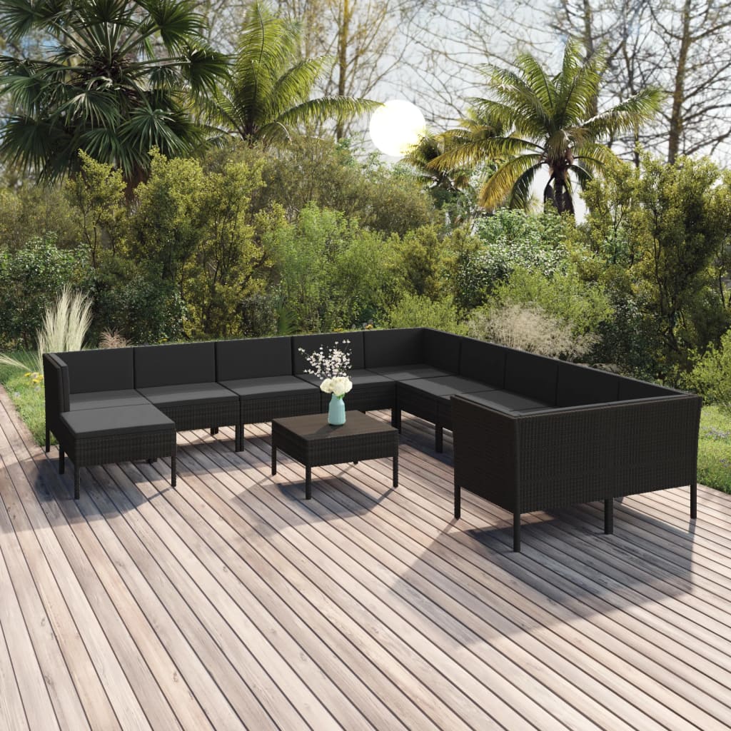 12-delige Loungeset met kussens poly rattan zwart – afbeelding 1