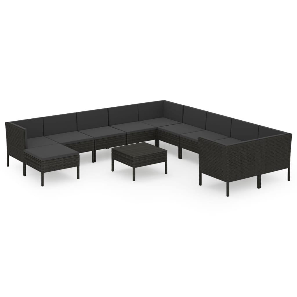 12-delige Loungeset met kussens poly rattan zwart – afbeelding 2