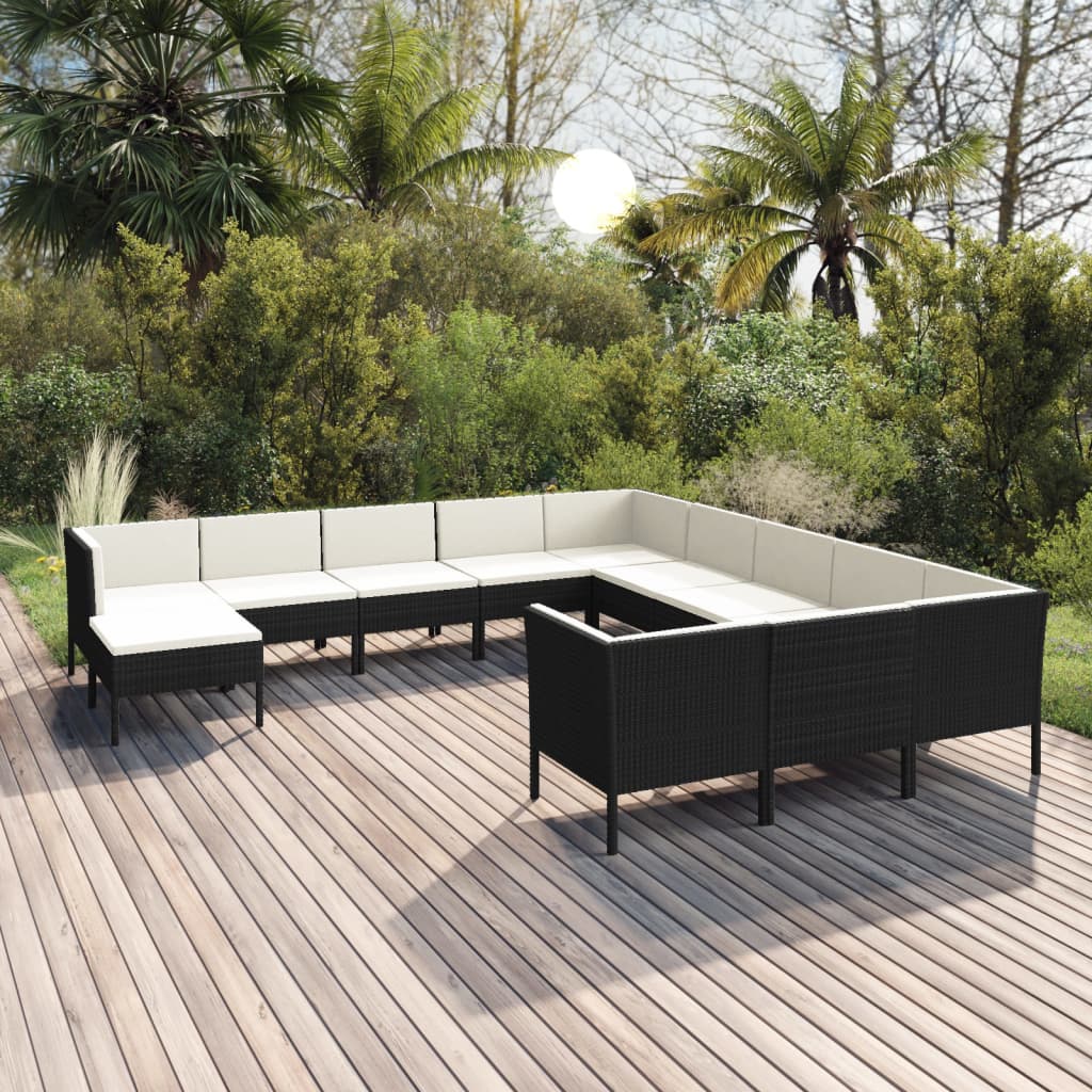 12-delige Loungeset met kussens poly rattan zwart – afbeelding 1