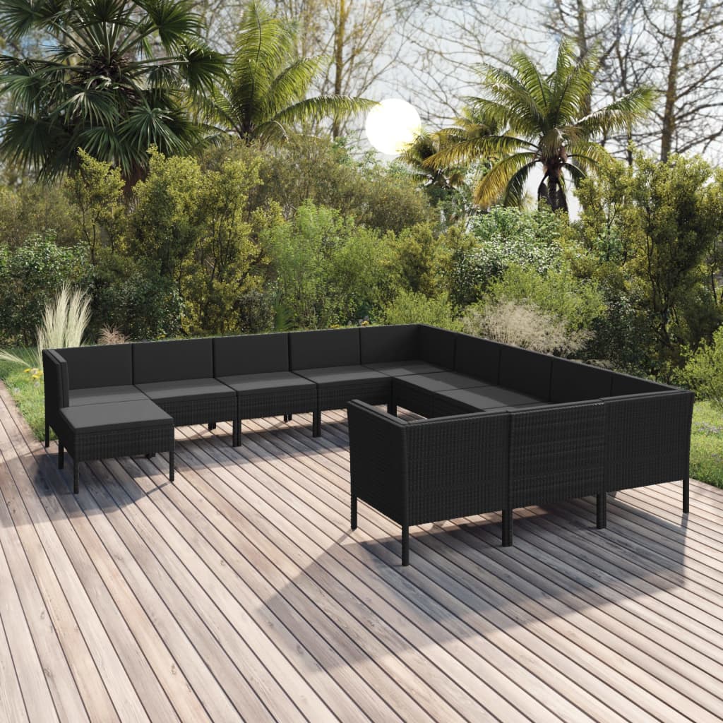 12-delige Loungeset met kussens poly rattan zwart – afbeelding 1
