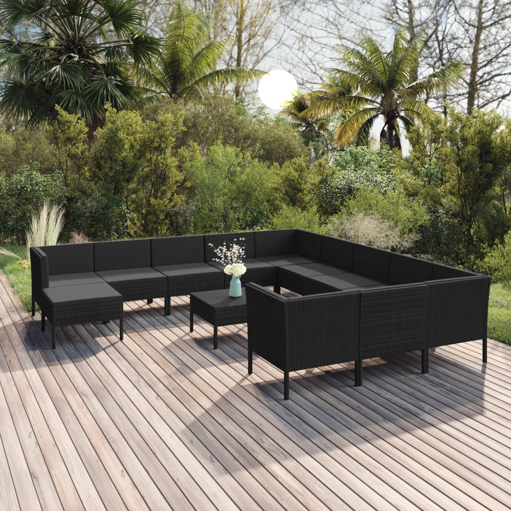 13-delige Loungeset met kussens poly rattan zwart – afbeelding 1
