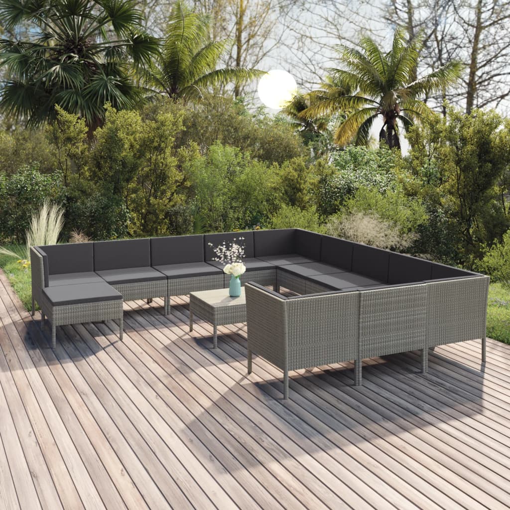 13-delige Loungeset met kussens poly rattan grijs – afbeelding 1