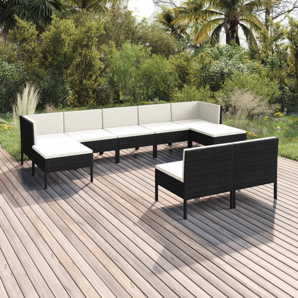 9-delige Loungeset met kussens poly rattan zwart – afbeelding 1