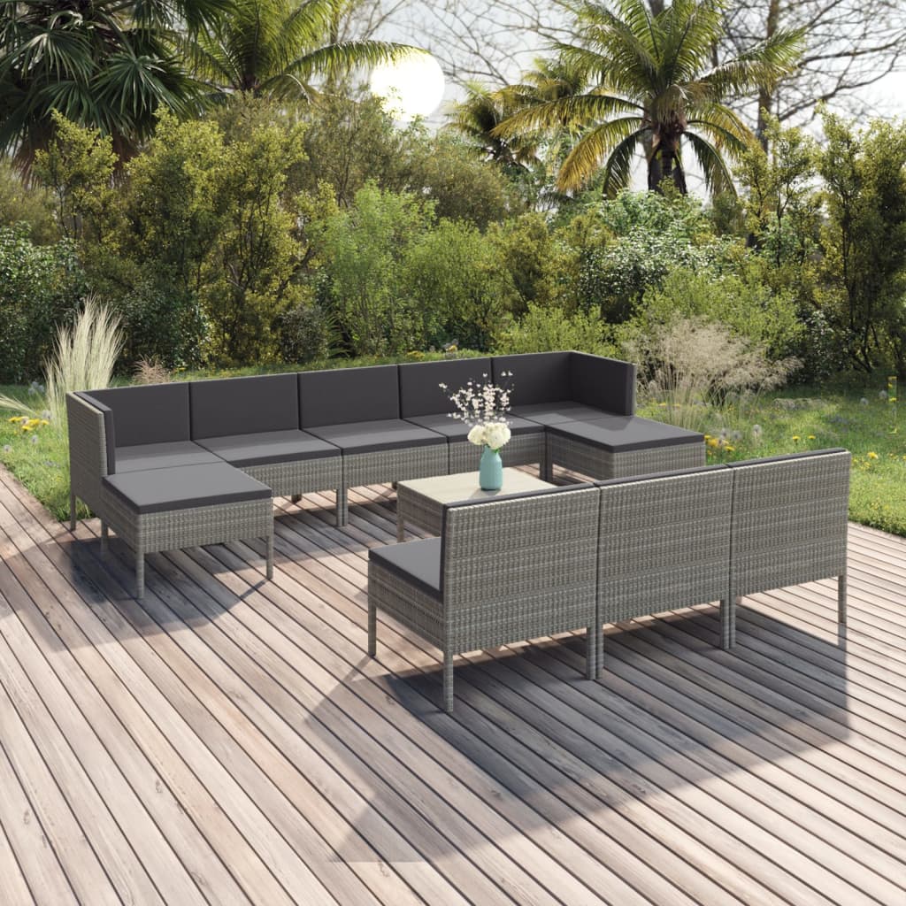 11-delige Loungeset met kussens poly rattan grijs – afbeelding 1