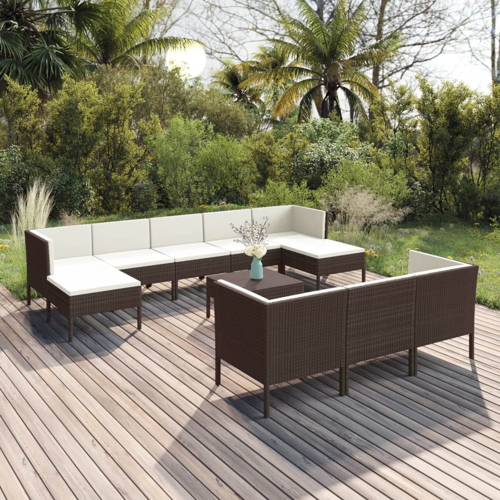 11-delige Loungeset met kussens poly rattan bruin – afbeelding 1