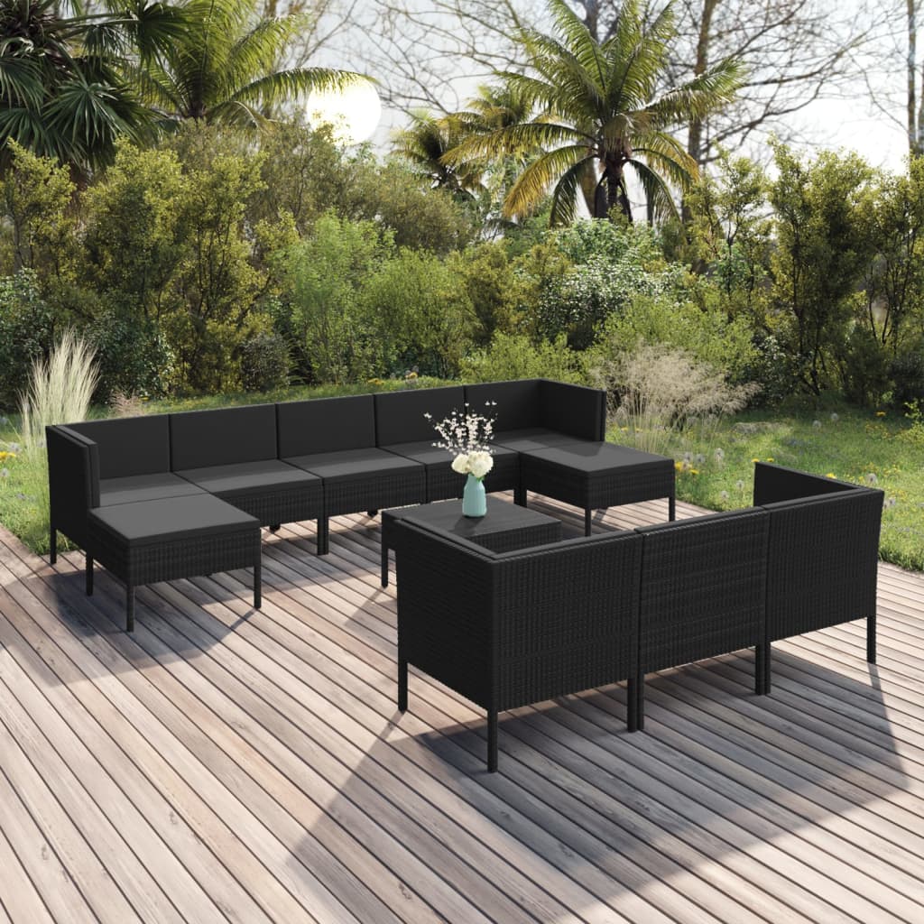 11-delige Loungeset met kussens poly rattan zwart – afbeelding 1