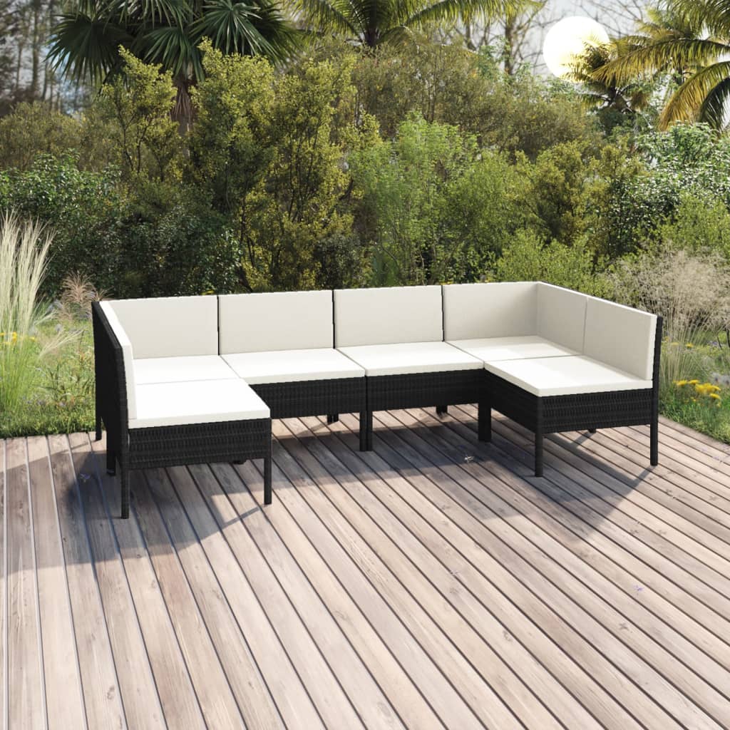 6-delige Loungeset met kussens poly rattan zwart – afbeelding 1