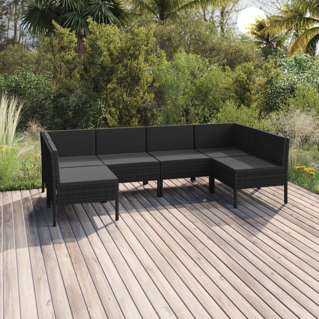 6-delige Loungeset met kussens poly rattan zwart – afbeelding 1