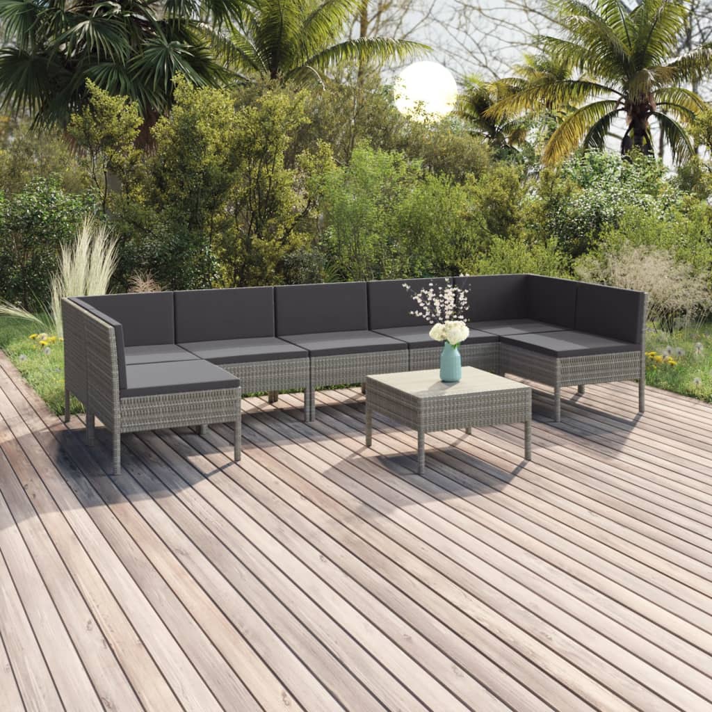 8-delige Loungeset met kussens poly rattan grijs