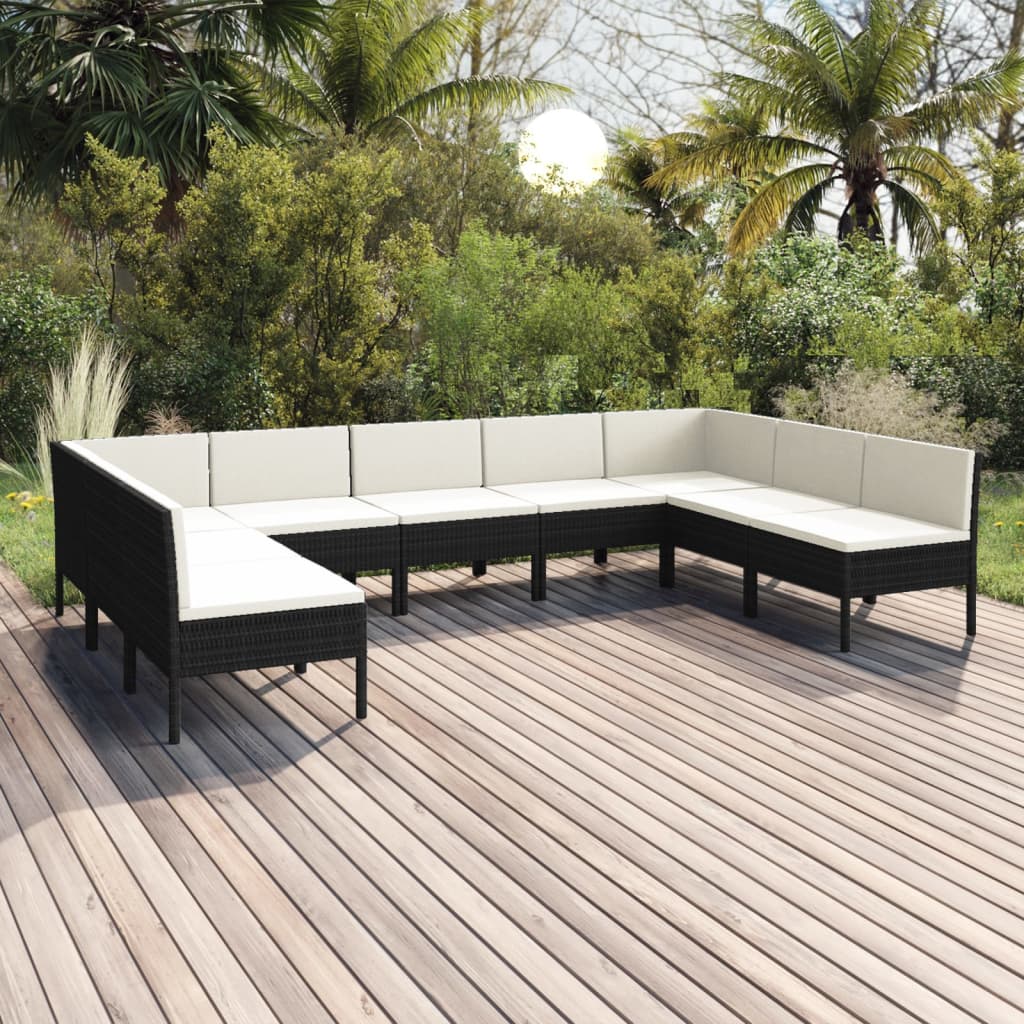 9-delige Loungeset met kussens poly rattan zwart – afbeelding 1