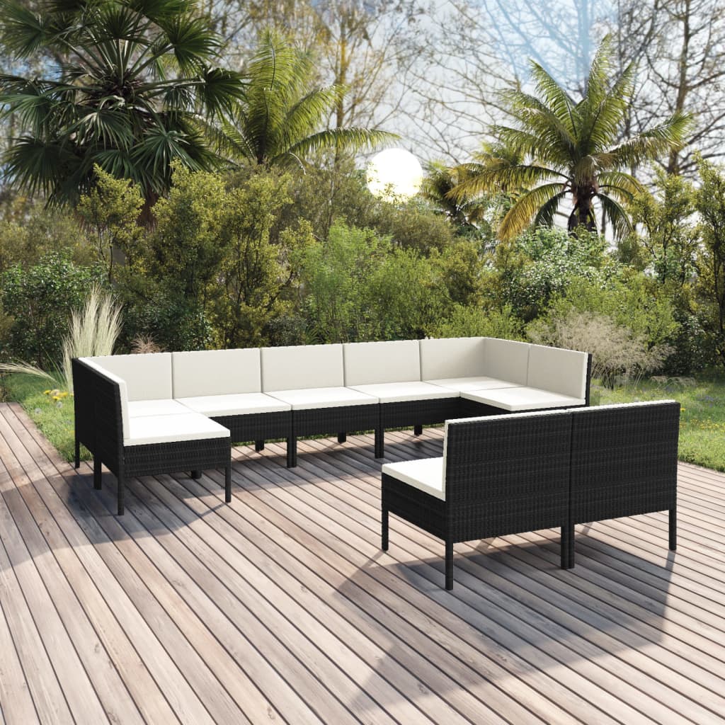 9-delige Loungeset met kussens poly rattan zwart