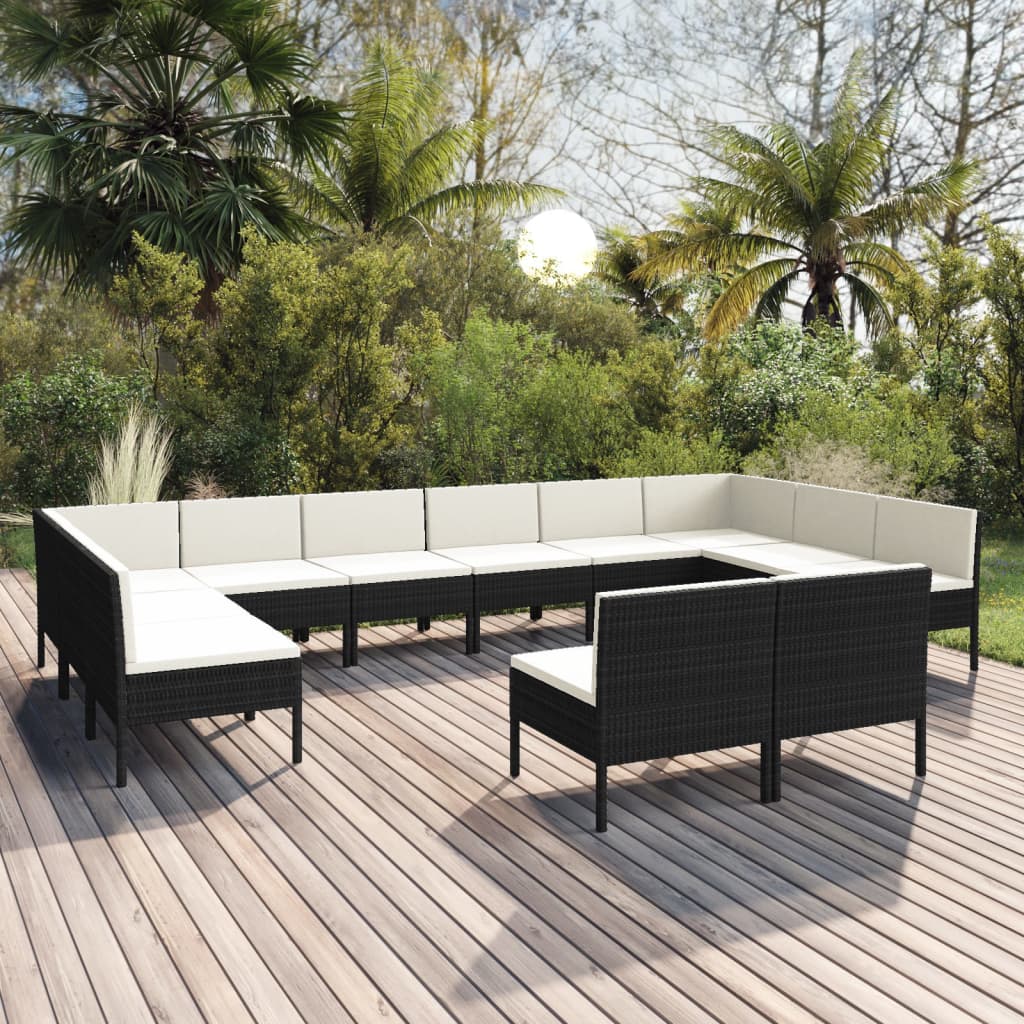 12-delige Loungeset met kussens poly rattan zwart
