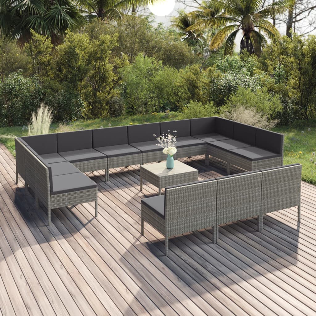 14-delige Loungeset met kussens poly rattan grijs – afbeelding 1