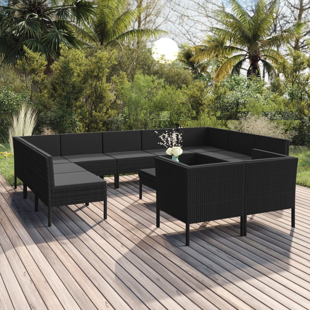 12-delige Loungeset met kussens poly rattan zwart