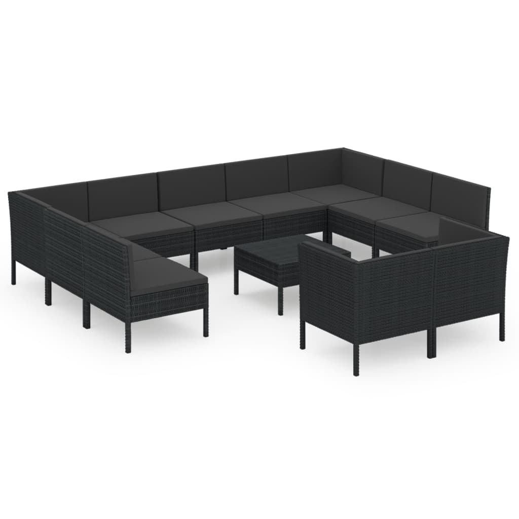 12-delige Loungeset met kussens poly rattan zwart – afbeelding 2