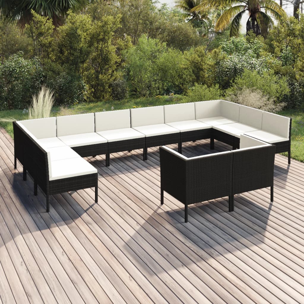 12-delige Loungeset met kussens poly rattan zwart