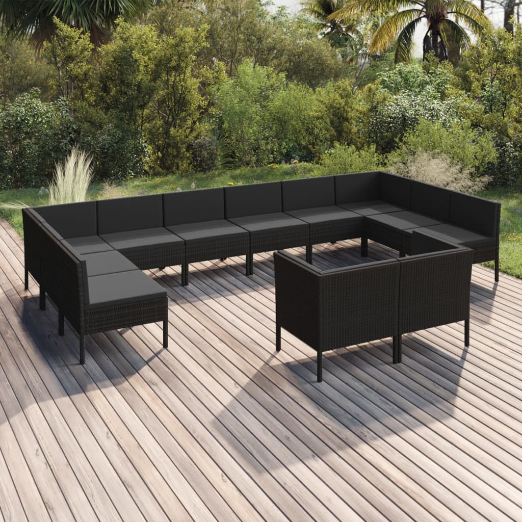 12-delige Loungeset met kussens poly rattan zwart