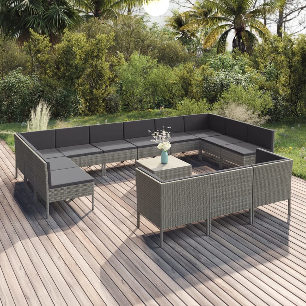 14-delige Loungeset met kussens poly rattan grijs – afbeelding 1
