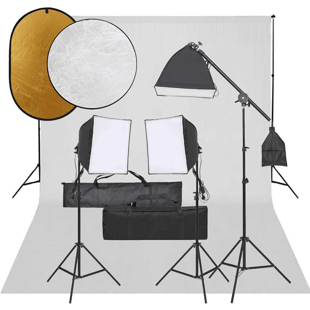 Fotostudioset met verlichtingsset, achtergrond en reflector – afbeelding 1