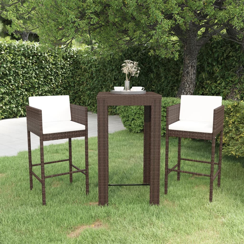 3-delige Tuinbarset met kussens poly rattan bruin