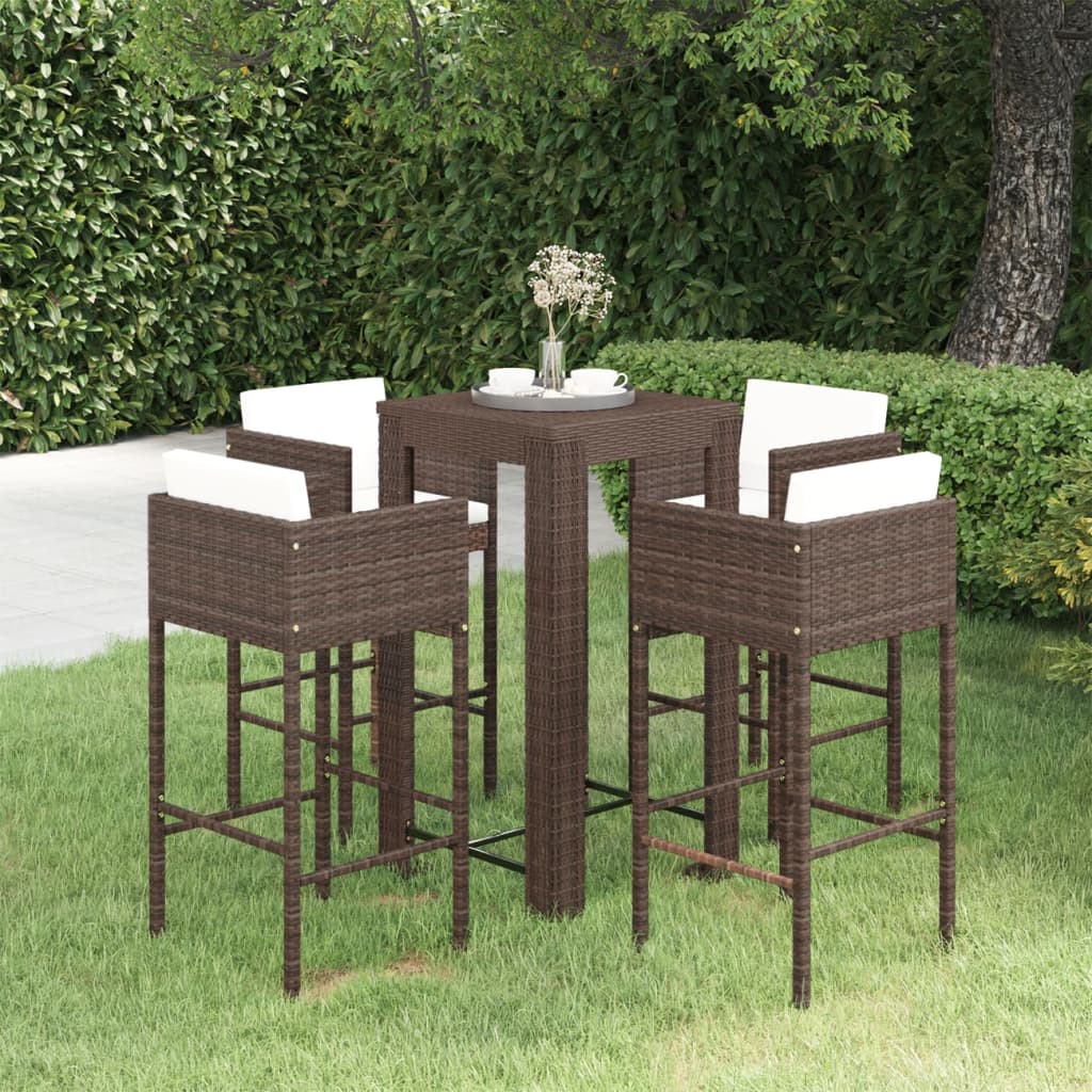 5-delige Tuinbarset met kussens poly rattan bruin